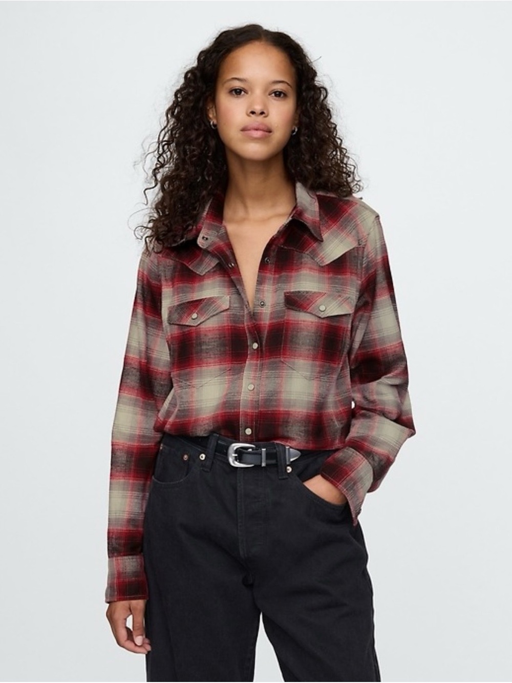 GAP Flannel Western Plaid Button-Down Shirt - Red, Gray - Size XXS